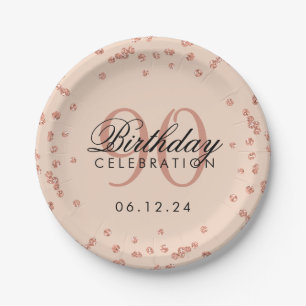 Rose Gold 90. Geburtstag Glitzer Confetti Blush Pappteller