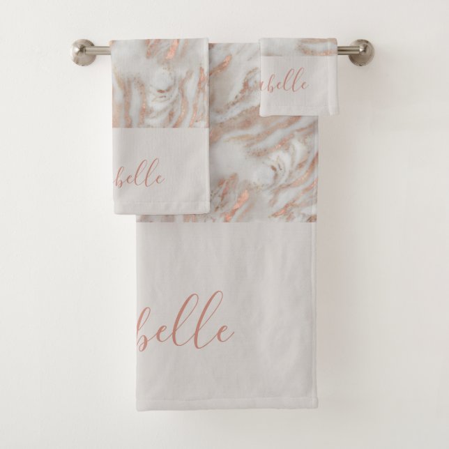 Rose Gold abstrakter Marmor eleganter Mädchenname Badhandtuch Set (Insitu)