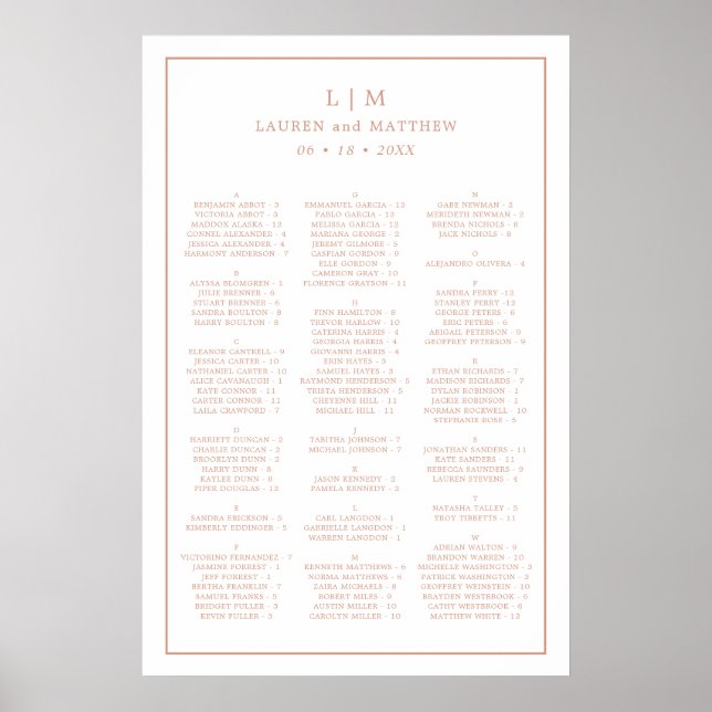 Rose Gold Alphabetische Hochzeitstabelle Poster (Vorne)