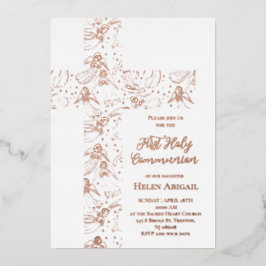 rose gold angels pattern cross First Communion Folieneinladung