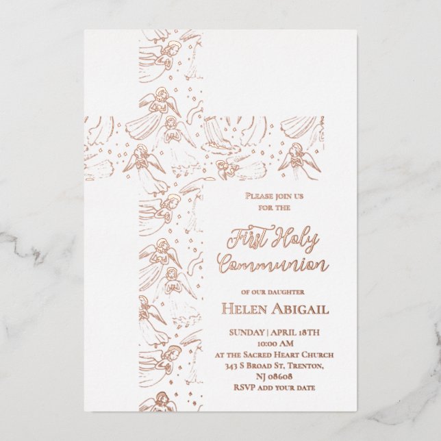 rose gold angels pattern cross First Communion Folieneinladung (Vorderseite)