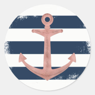 Rose Gold Anker Nautical Navy Stripes Runder Aufkleber