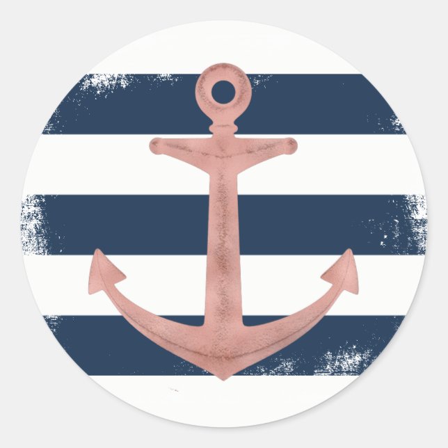 Rose Gold Anker Nautical Navy Stripes Runder Aufkleber (Vorderseite)