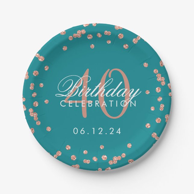 Rose Gold Aquamarin 40. Geburtstag Glitzer Confett Pappteller (Vorderseite)