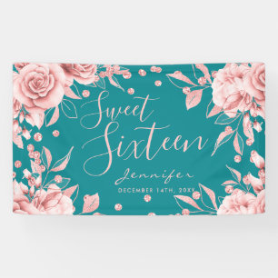 Rose Gold Aquamarin Sweet 16 Glitzer Confetti Flor Banner
