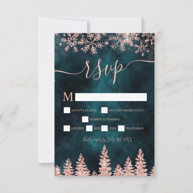 Rose Gold aquamarine Kiefernsee Weihnachten Winter RSVP Karte (Vorderseite)