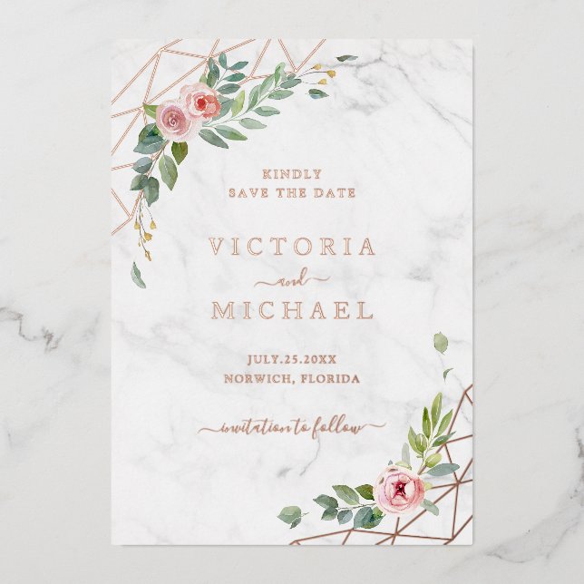 Rose Gold Aquarellfarben Blumenrosa Save the Date Folieneinladung (Vorderseite)