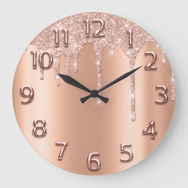 Rose Gold Arabische Nummer Glitzer Tropfen Schwarz Große Wanduhr (Vorderseite)