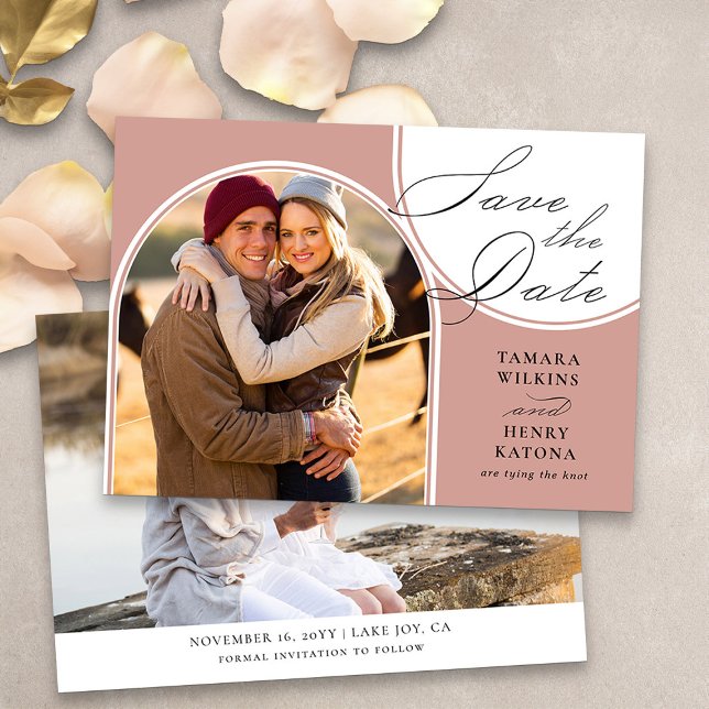 Rose Gold Arched Foto Hochzeitkalligrafie Save The Date (Arch photo save the date wedding announcement in rose gold from my Wedding Colors collection)