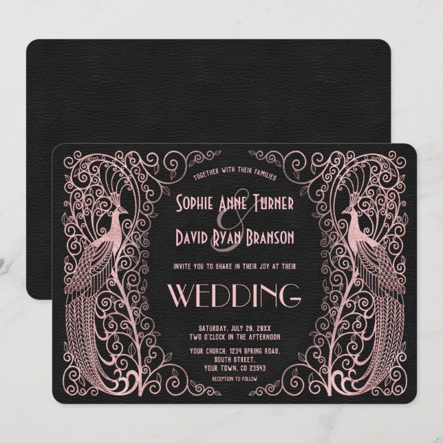 Rose Gold Art Deco Peacocks Schwarze Hochzeit Einl Einladung (Vorne/Hinten)