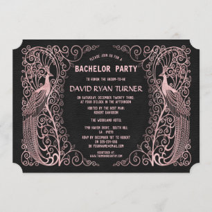 Rose Gold Art Deco Pfau Hochzeitseinladung Schwarz Einladung