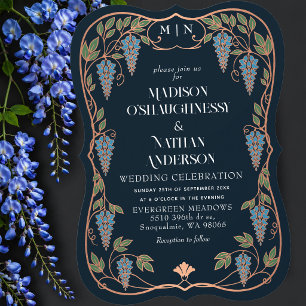 Rose Gold Art Nouveau Blaue Glyzinie Hochzeit Einladung
