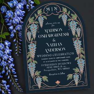 Rose Gold Art Nouveau Blaue Wisteria Hochzeitsboge Einladung