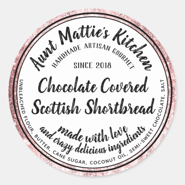 Rose Gold Artisan Gourmet Zutaten Lebensmittelkenn Runder Aufkleber (Vorderseite)