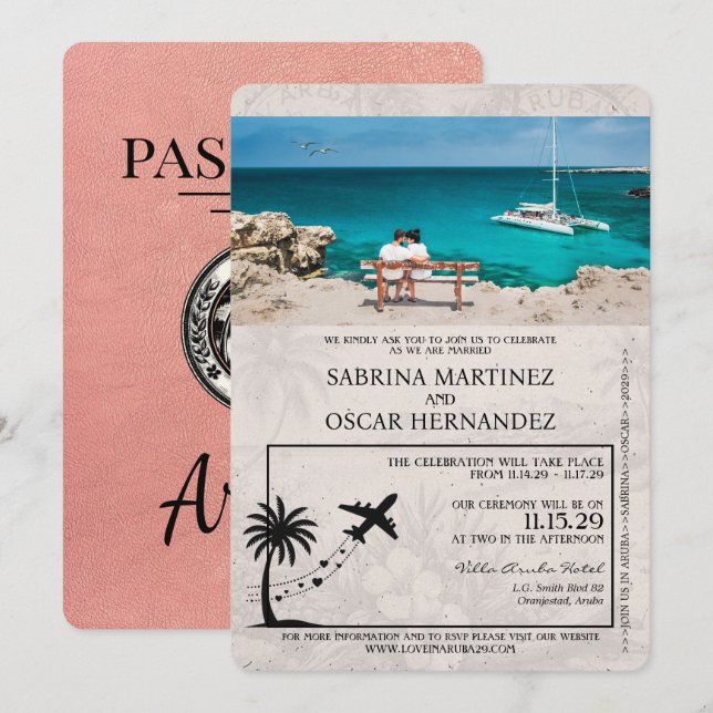 Rose Gold Aruba Pass Einladung Hochzeit (Vorne/Hinten)
