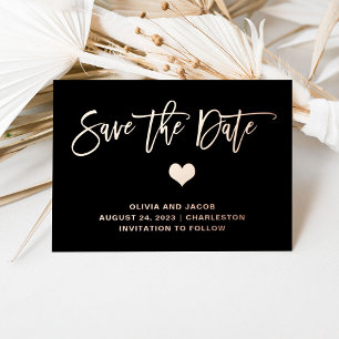 Rose Gold auf Schwarz mit Herz   SAVE THE DATE Folie Einladungspostkarte