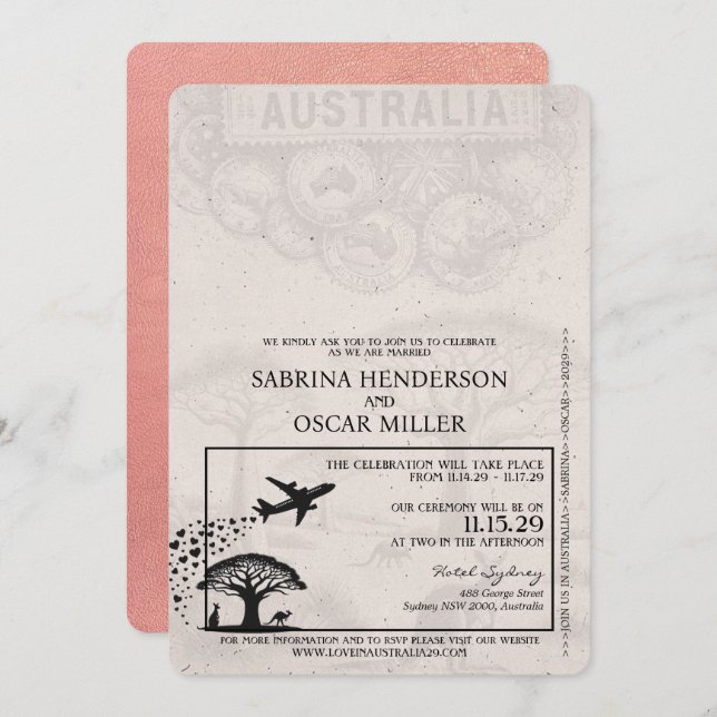 Rose Gold Australia Pass Einladung Hochzeitsfeiern (Vorne/Hinten)
