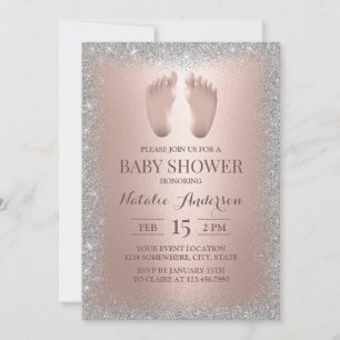 Rose Gold Baby Feet Silver Glitzer Babydusche Einladung