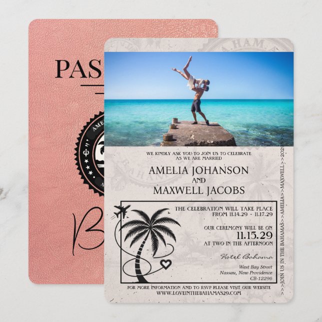 Rose Gold Bahamas Passport Hochzeit Einladung (Vorne/Hinten)