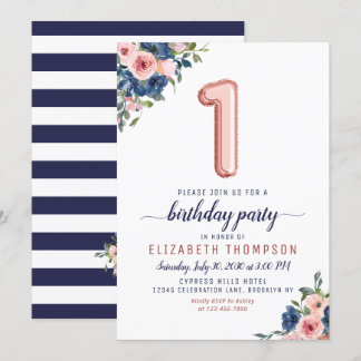 Rose Gold Ballon Floral Navy Blush 1. Geburtstag Einladung