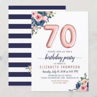 Rose Gold Ballon Floral Navy Blush 70. Geburtstag Einladung