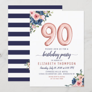 Rose Gold Ballon Floral Navy Blush 90. Geburtstag Einladung