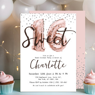Rose Gold Ballon Silver Glitzer Sweet 16 Party Einladung