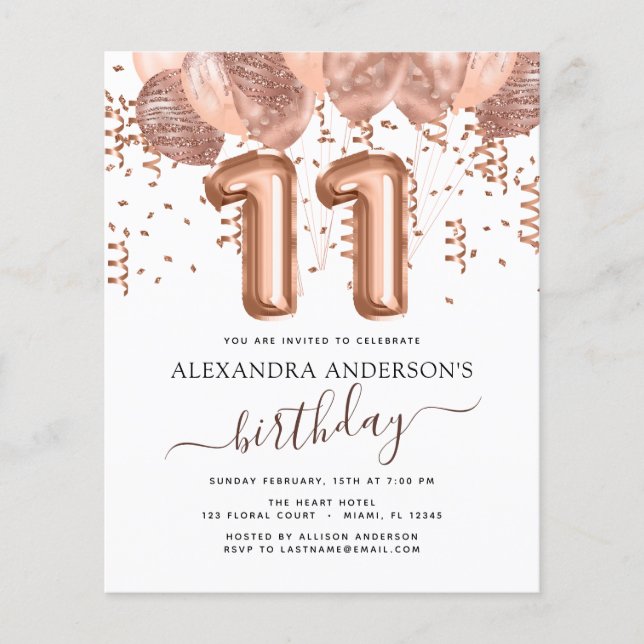 Rose Gold Ballons 11. Geburtstag Einladung Flyer (Vorne)