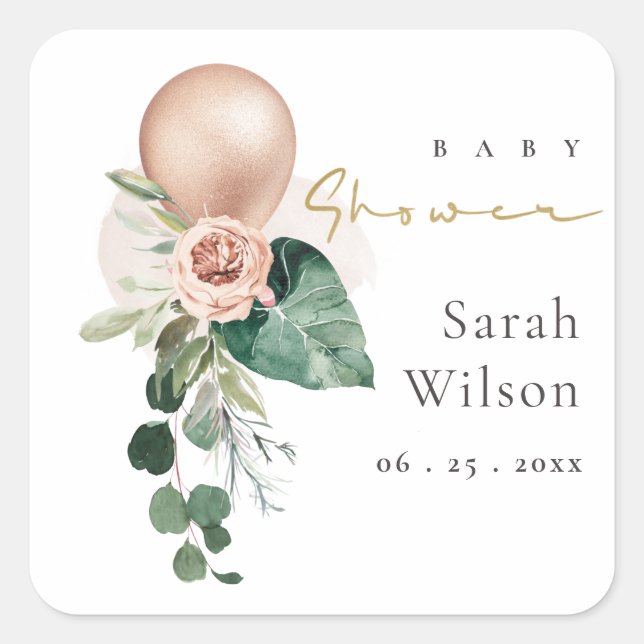 ROSE GOLD BALLOON PEACH FLORAL BUNCH BABY DUSCHE QUADRATISCHER AUFKLEBER (Vorderseite)