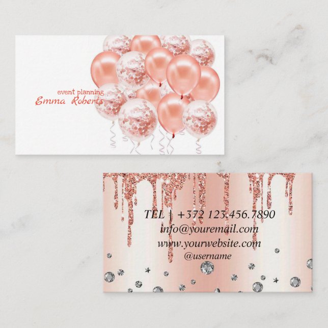 Rose Gold Balloons Business Card Visitenkarte (Vorne/Hinten)