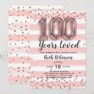Rose Gold Balloons Einladung zum 100. Geburtstag