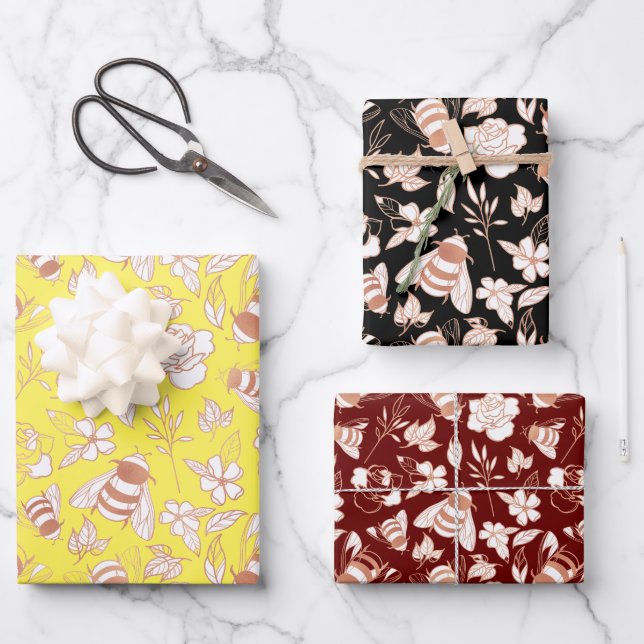 Rose Gold Bees & Blume Geschenkpapier Set (Vorderseite)