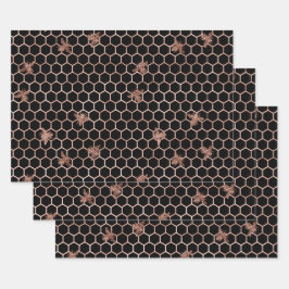 Rose Gold Bees und Honeycomb auf Black Geschenkpapier Set