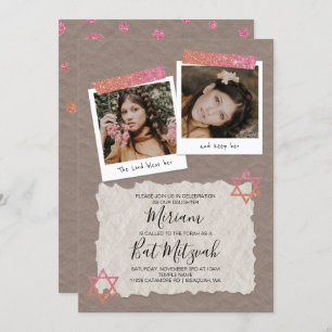 Rose Gold, Beige Scrapbook Bat Mitzvah Einladung
