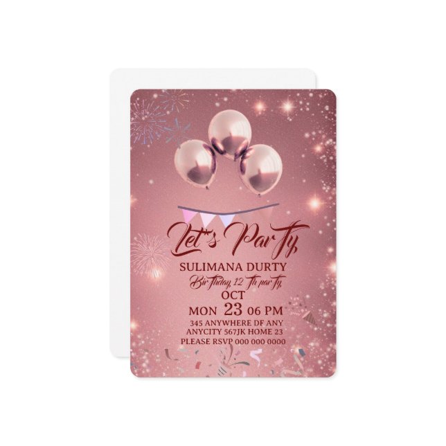 Rose Gold Birthday Invitation Template: Let's Part Einladung (Vorderseite/Rückseite Beispiel)