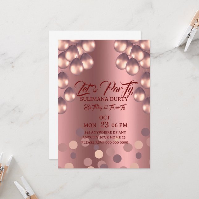 Rose Gold Birthday Invitation Template: Let's Part Einladung (Vorderseite/Rückseite Beispiel)