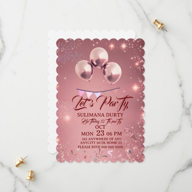 Rose Gold Birthday Invitation Template: Let's Part Save The Date (Vorderseite/Rückseite Beispiel)