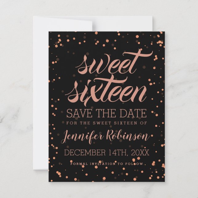 Rose Gold Blac Sweet 16 Rett Datum Sparkle Confett Save The Date (Vorderseite)