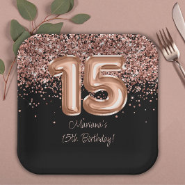 Rose Gold Black 15. Geburtstagsparty Pappteller