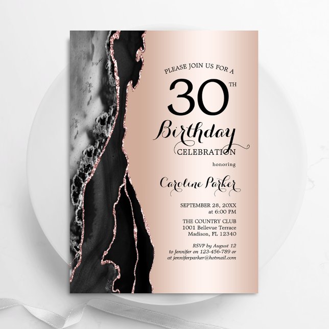 Rose Gold Black Agate 30. Geburtstag Einladung (Von Creator hochgeladen)