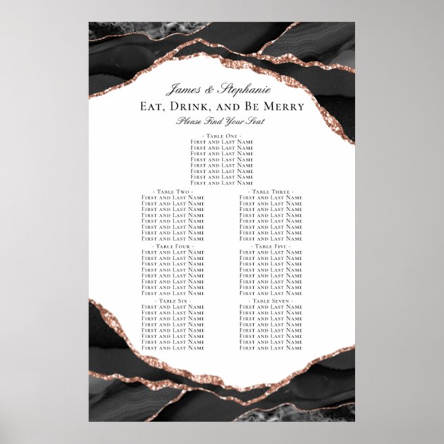 Rose Gold Black Agate Hochzeitstabelle Poster (Vorne)