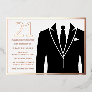 Rose Gold & Black Anzug & Krawatte 21. Geburtstags Folieneinladung