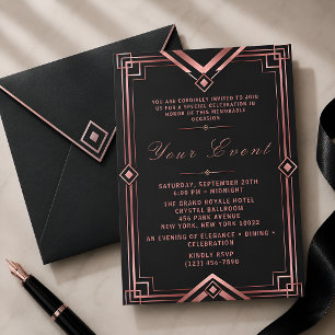 Rose Gold & Black Art Deco Galafeier Einladung