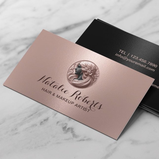 Rose Gold & Black Beauty Salon Logo Haar Stylist Visitenkarte (Von Creator hochgeladen)