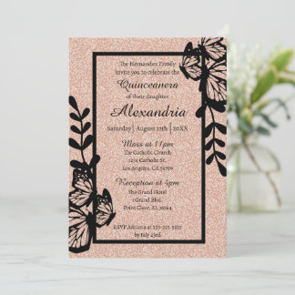 Rose Gold & Black Butterfly Quinceanera Einladung