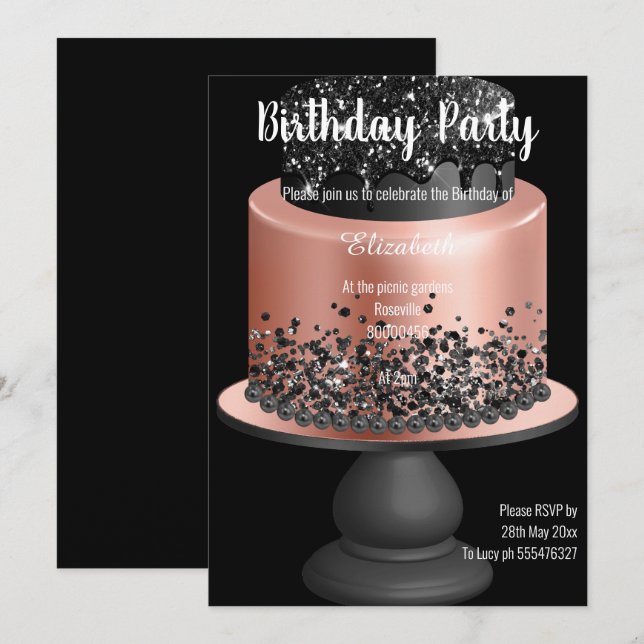 ROSE GOLD BLACK CAKE GEBURTSTAG EINLADUNG (Vorne/Hinten)