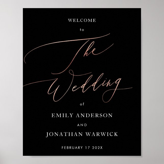 Rose Gold Black Calligraphy Moderne Hochzeit Poster (Vorne)