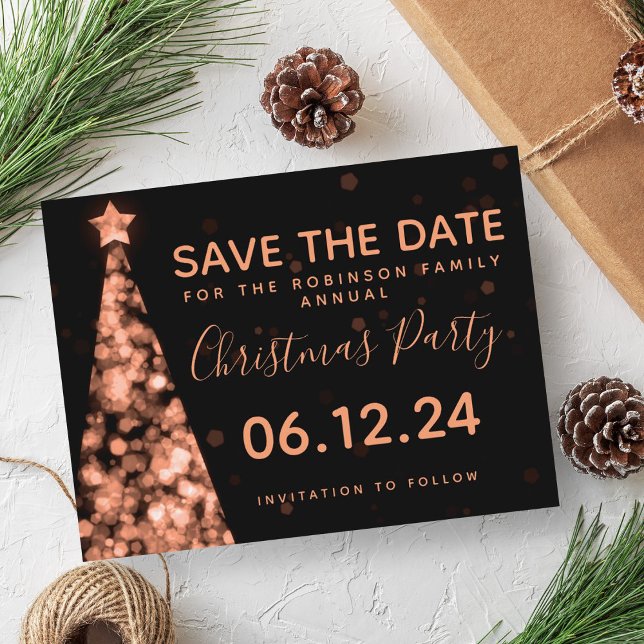 Rose Gold & Black Christmas Party Save the Date Ankündigungspostkarte (Rose Gold & Black Christmas Party Save The Date Announcement Postcard)
