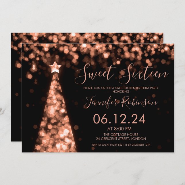 Rose Gold & Black Christmas Sweet 16 Party Einladung (Vorne/Hinten)