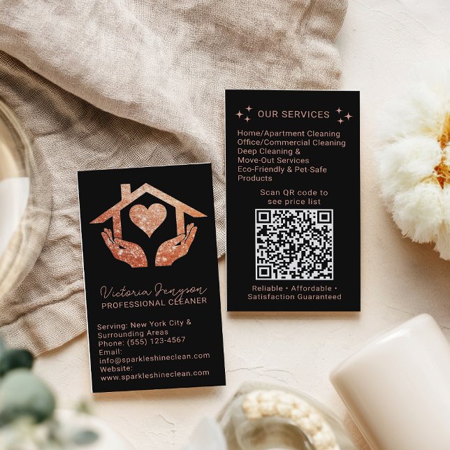 Rose Gold Black Cleaning Service Maid QR Logo Visitenkarte (Rose Gold Black Cleaning Service Maid QR Logo Business Card)